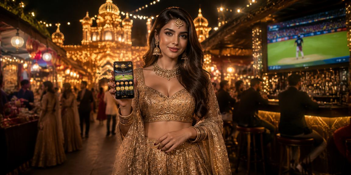 Indian player celebrating winning lottery with lehenga and cricket background